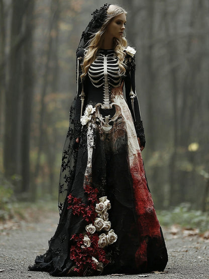 Halloween Skeleton Bones With Rose Art Linen Maxi Dress