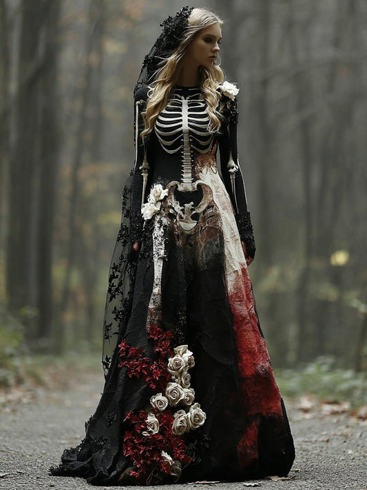 Halloween Skeleton Bones With Rose Art Linen Maxi Dress