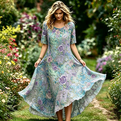 Women's Vintage Floral Embroidered Linen Blend Casual Round Neck Short Sleeve Long Dress
