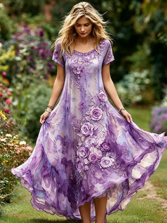Women's Vintage Floral Embroidery Gradient Pattern Round Neck Dress