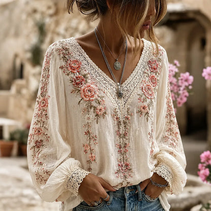 Women's Floral Bohemian Resort Cotton Linen Long-sleeved V-neck Top