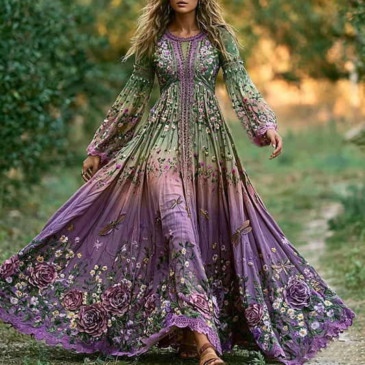 Women's Vintage Purple Floral And Dragonfly Art Gradient Cotton Linen Round Neck Long Sleeve Maxi Dress