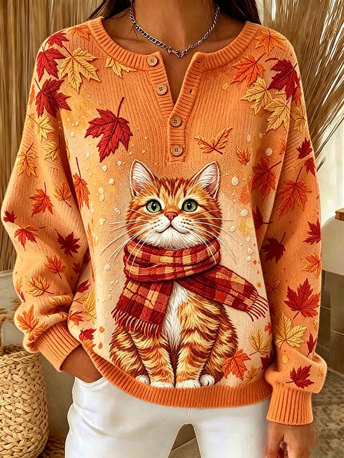 Women's Casual Print Button-Up Collar Knit Top