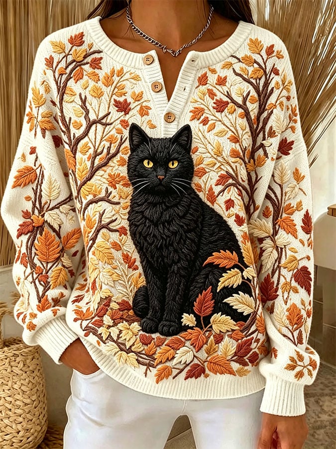 Women's Casual Print Button-Up Collar Knit Top