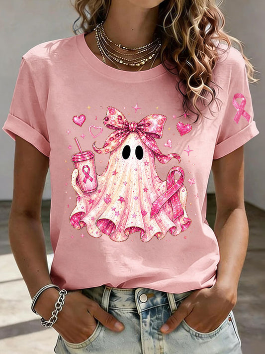 Women'S Breast Cancer Awareness And Ghost Witch Halloween Support Printed T-Shirt