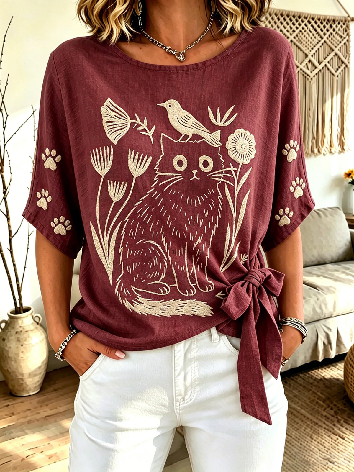 Women's Cat-Print Crew-Neck Tie-Front Top