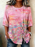 Women's Breast Cancer Awareness Retro Pink Print Button-Down Tie-Front Shirt