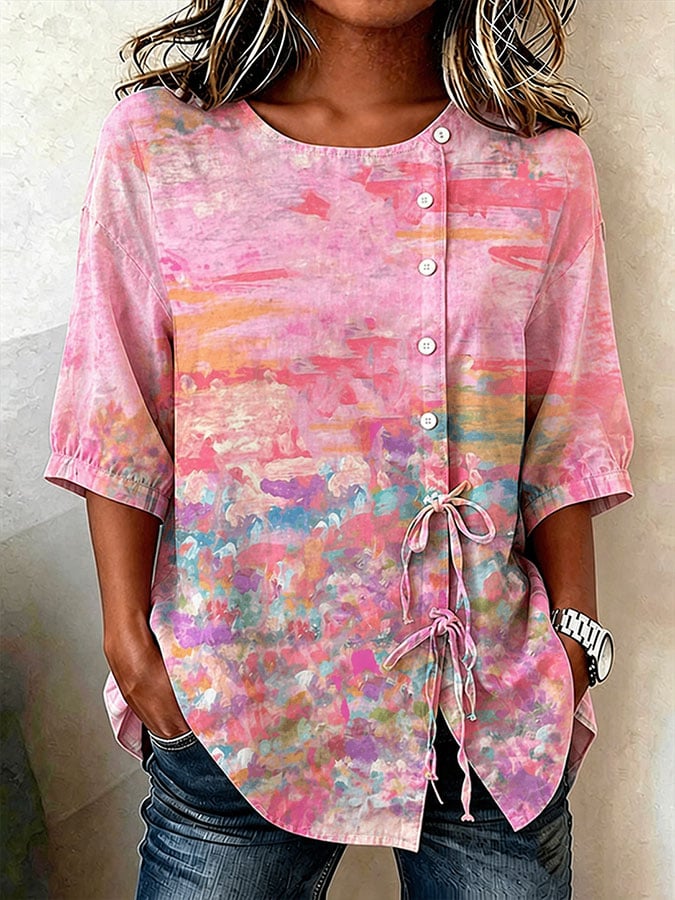Women's Breast Cancer Awareness Retro Pink Print Button-Down Tie-Front Shirt