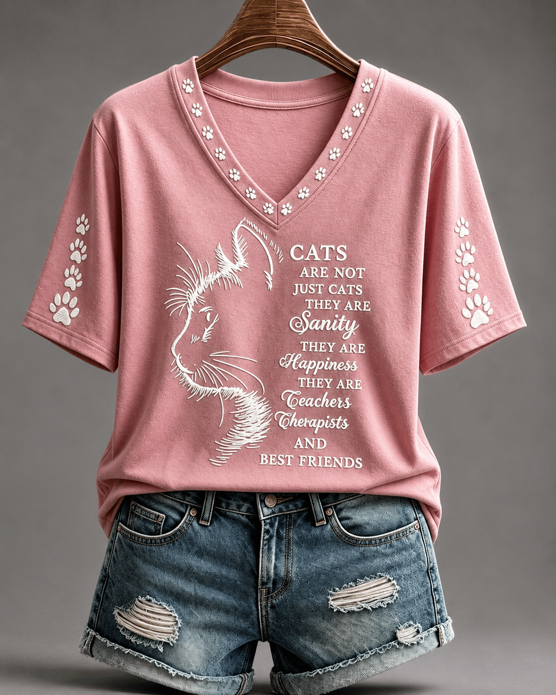 Women's Cat Print V-Neck Top