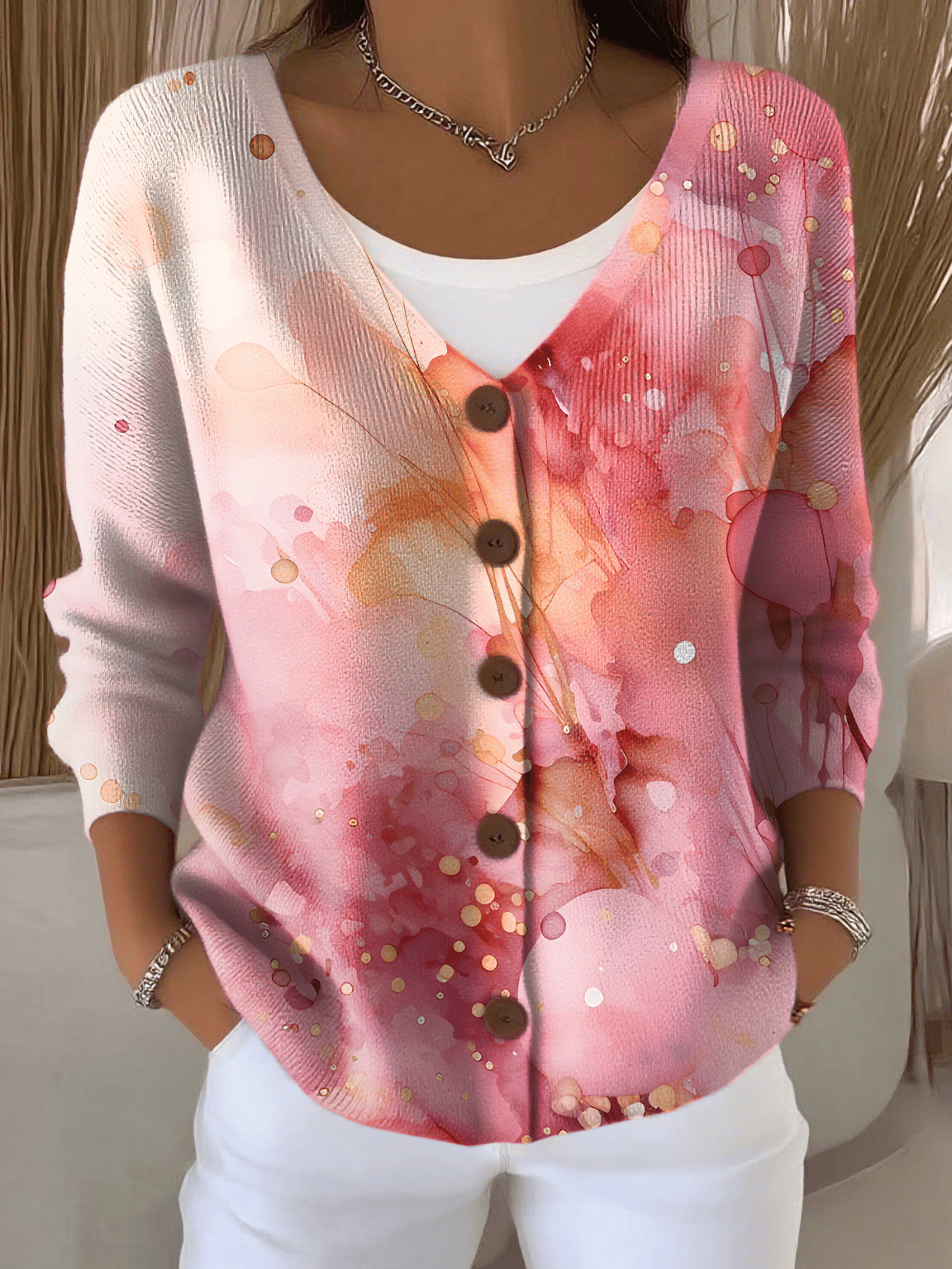 Women's Breast Cancer Awareness Print Chunky Knit Cardigan