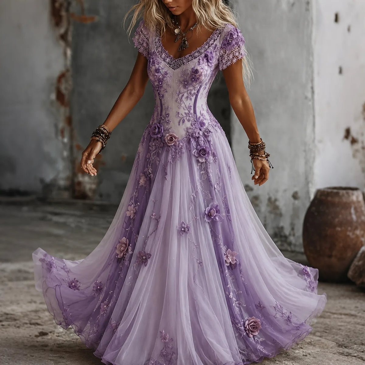 Women's Purple Bohemia Floral Embroidered Gradient Art Flowy Maxi Dress