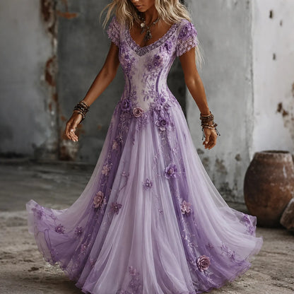 Women's Purple Bohemia Floral Embroidered Gradient Art Flowy Maxi Dress