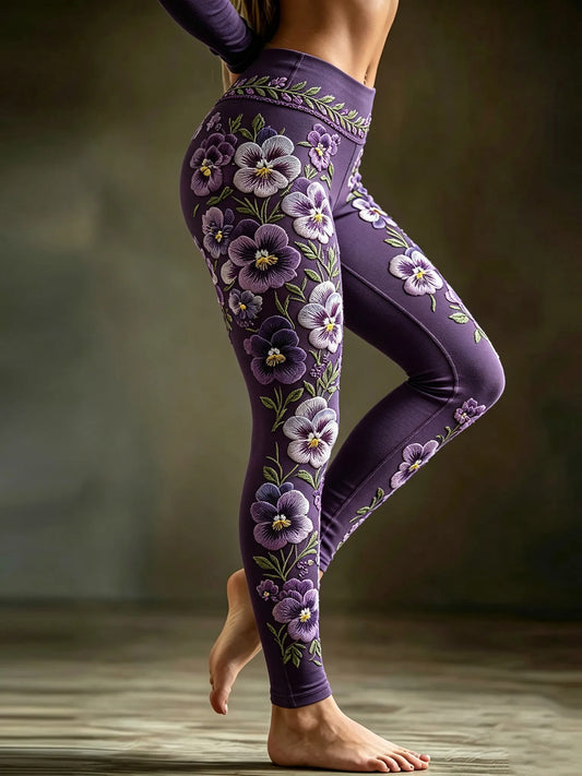 Women's Purple Floral Embroidery Pattern Casual Leggings