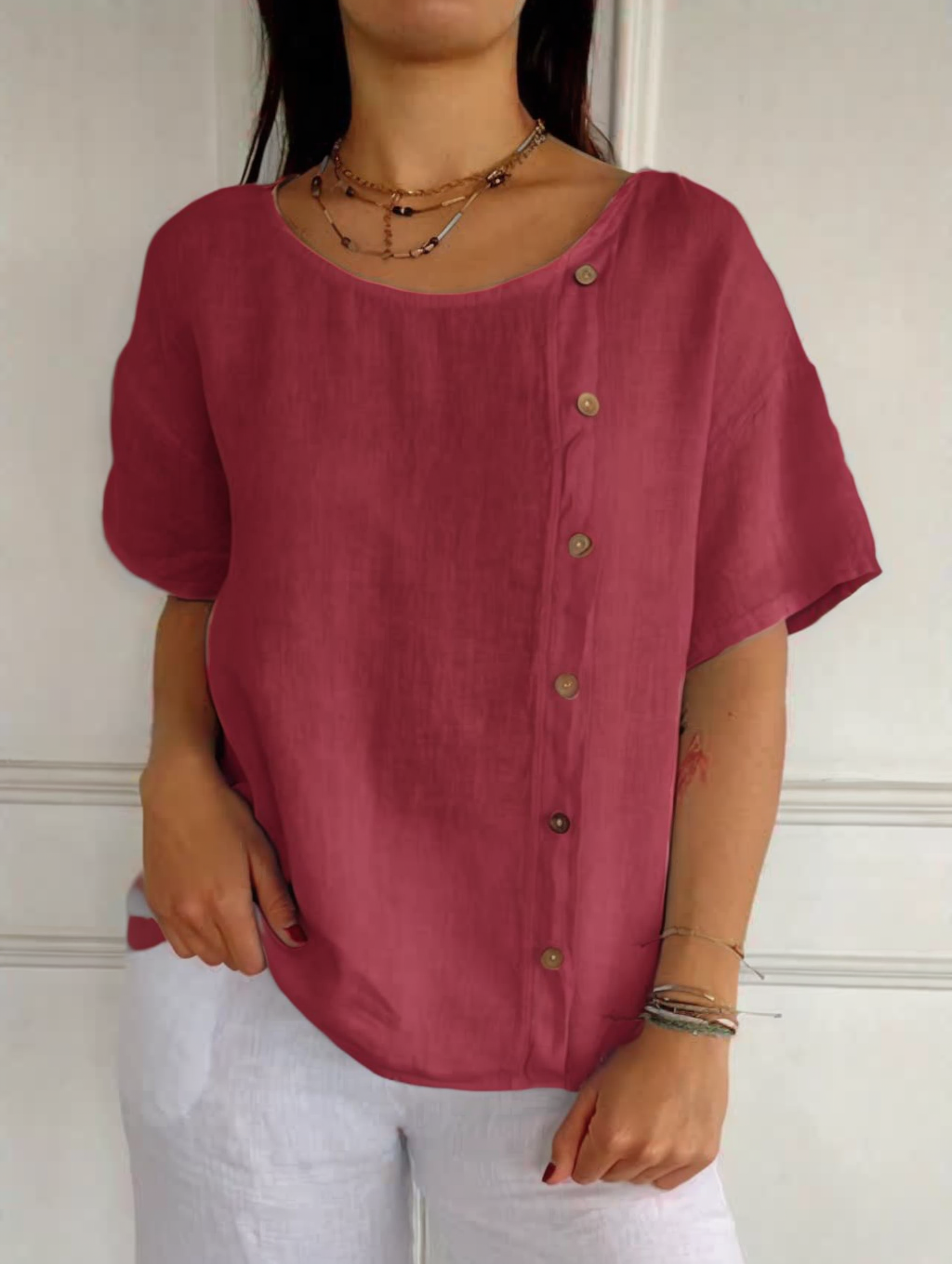 Casual Cotton Linen Side Buttons Tops