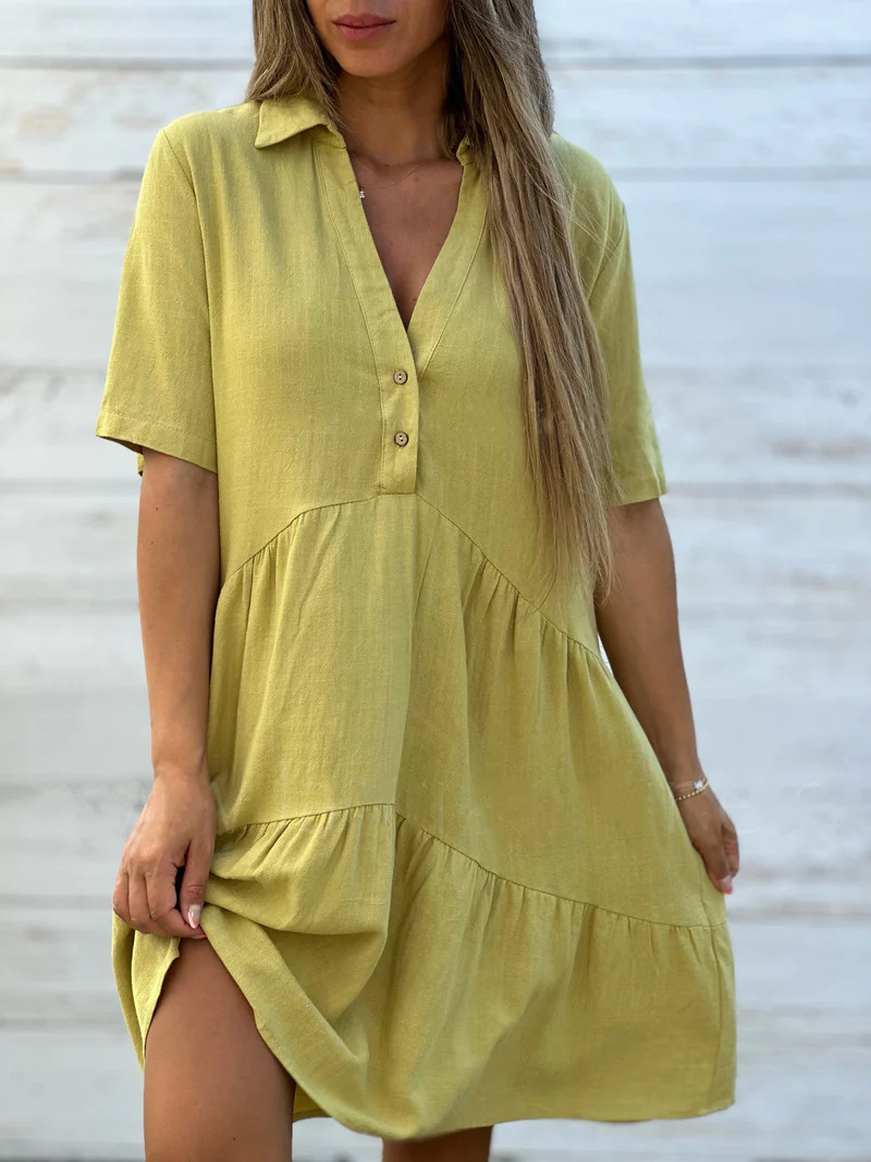 Cotton Linen V-Neck Button Shirt Dress
