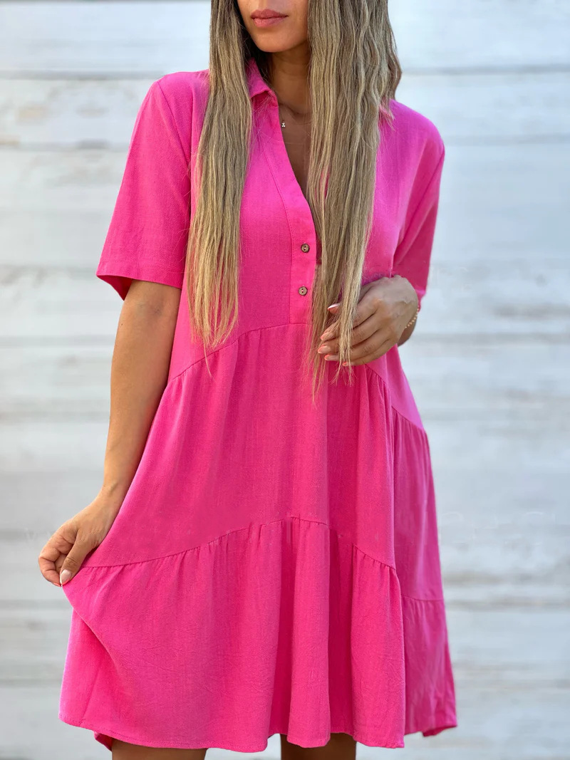 Cotton Linen V-Neck Button Shirt Dress