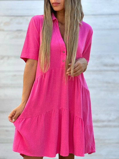 Cotton Linen V-Neck Button Shirt Dress