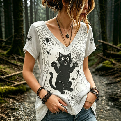 Women's Vintage Shock Spider Black Cat Patchwork Art Short Sleeve T-shirt