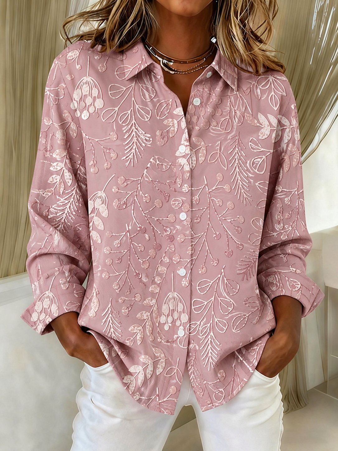 Women's Breast Cancer Awareness Pink Floral Print Casual Collared Shirt