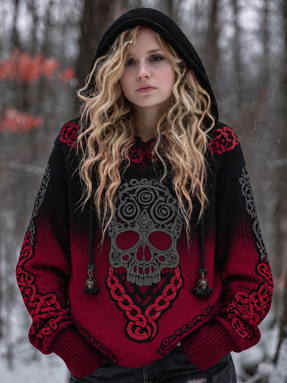 Women's Vintage Viking Tribal Celtic Skull Gradient Art Chunky Knit Hooded Sweater