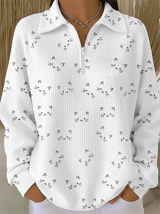 Women's Cute Cat Print Waffle Chain Top