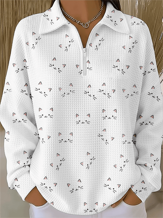 Women's Cute Cat Print Waffle Chain Top