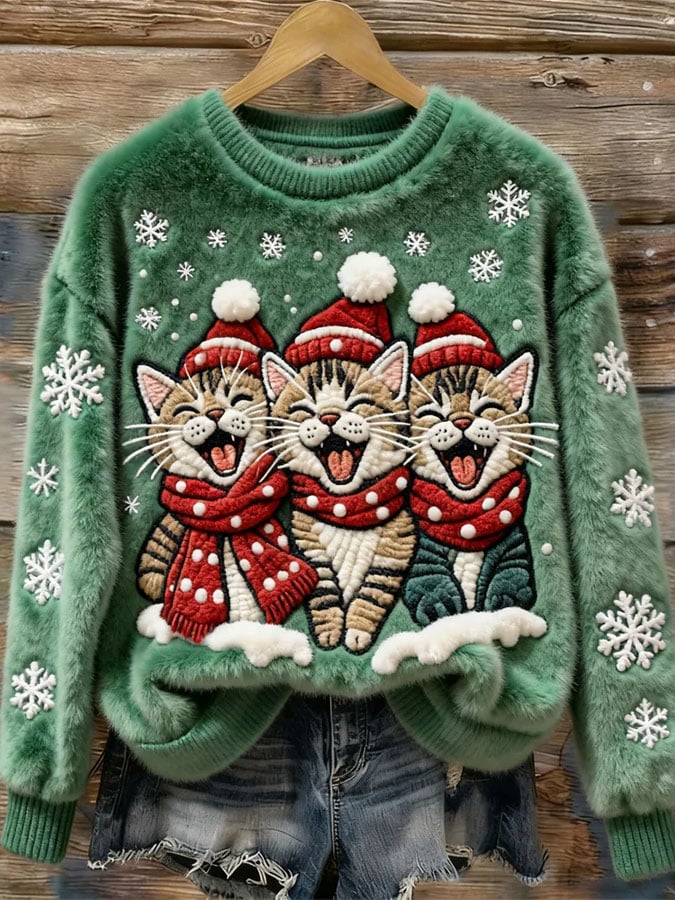 Women's Casual Christmas Cute Cat Print Long Sleeve Sweatshirt
