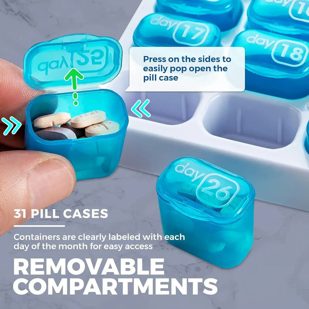 🔥✨Monthly Pill Organizer with Lid - Arthritis-Friendly Easy-Open Lids 31 Removable Daily Pill Pods Date Reminder & Travel Case for Vitamins & Medications
