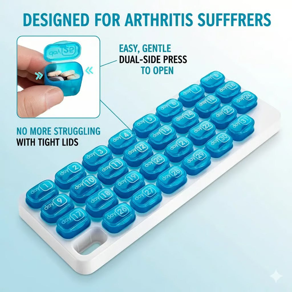🔥✨Monthly Pill Organizer with Lid - Arthritis-Friendly Easy-Open Lids 31 Removable Daily Pill Pods Date Reminder & Travel Case for Vitamins & Medications