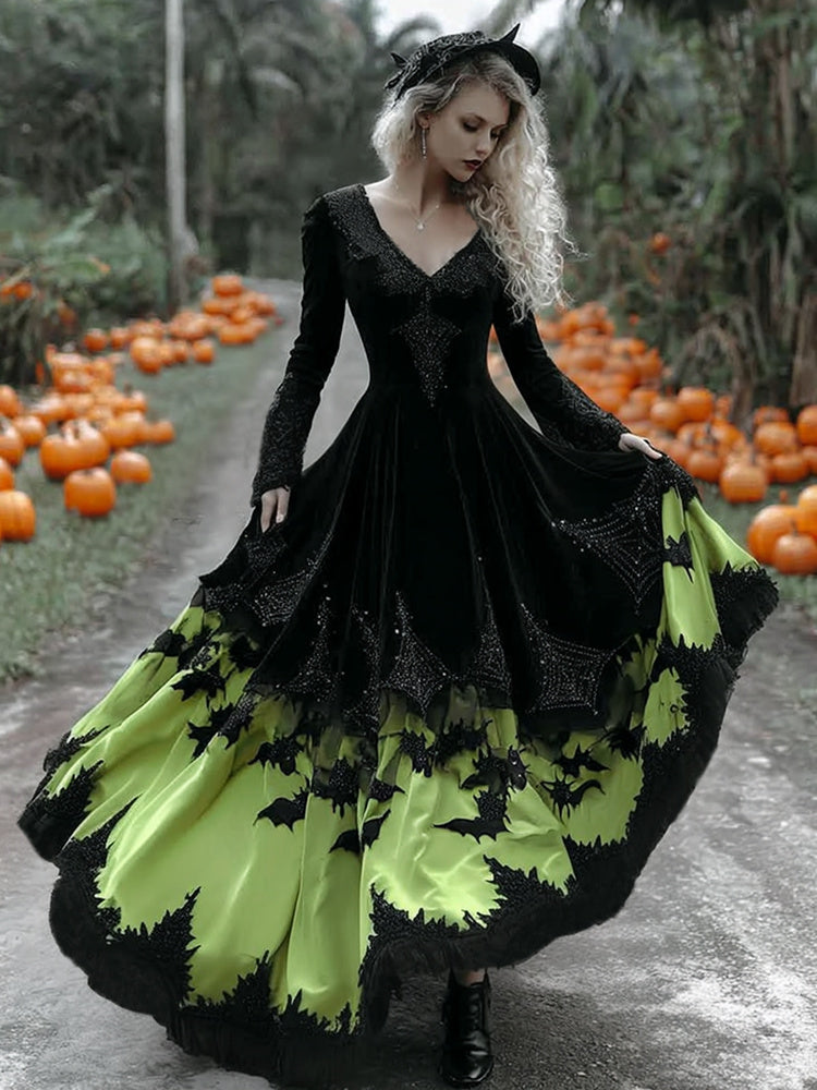 Women's  Halloween Black Rose With Bats Art Comfy Velvet V Neck Maxi Dress