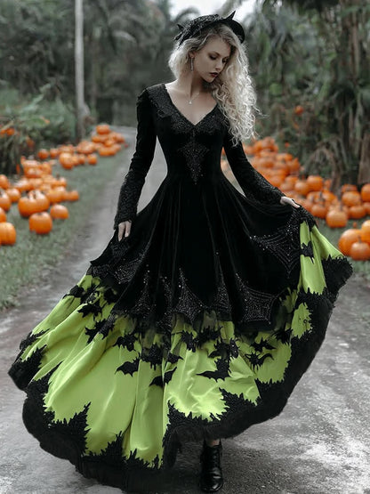 Women's  Halloween Black Rose With Bats Art Comfy Velvet V Neck Maxi Dress