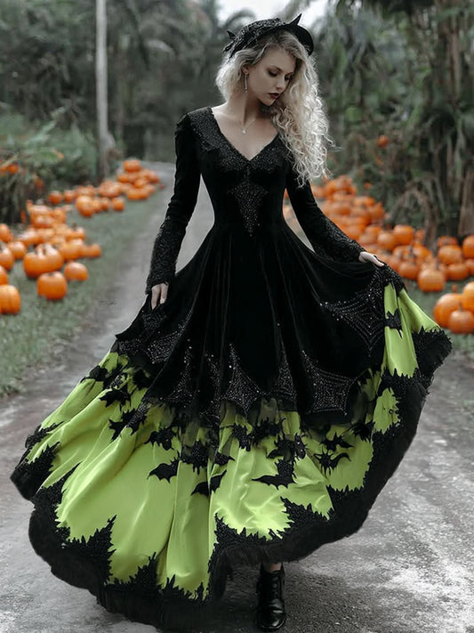 Women's  Halloween Black Rose With Bats Art Comfy Velvet V Neck Maxi Dress