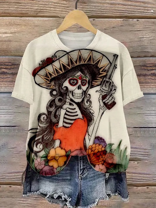 Mexican La Catrina Day Of The Dead Art Pattern Print Cotton Graphic T-Shirt