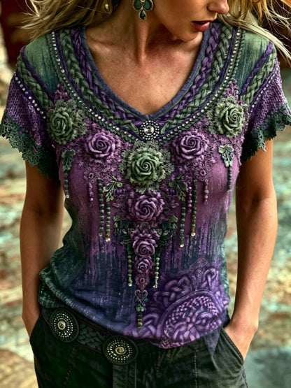 Women's Bohemian Rose Lace Embroidery Print Top