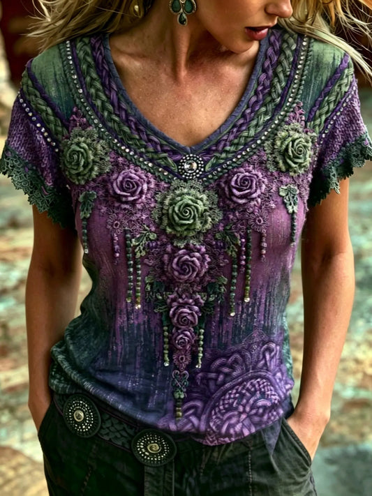 Women's Bohemian Rose Lace Embroidery Print Top