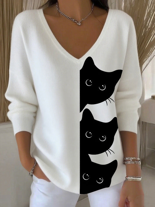 Women's Autumn Cute Three Little Black Cats Printed Casual Top