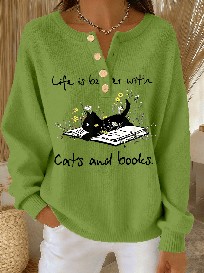 Women's Cute Cat Print Knit Button Top