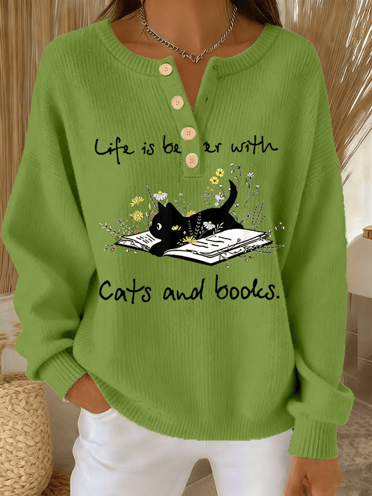 Women's Cute Cat Print Knit Button Top