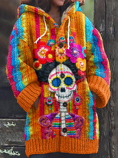 Vintage Mexican Sugar Skeleton Catrina Day Of The Dead Inspired Print Women's Sweater