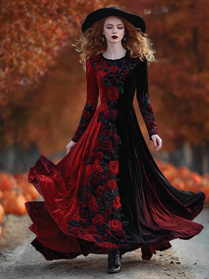 Women's  Halloween Black Roses Art Comfy Velvet Round Neck Maxi Dress