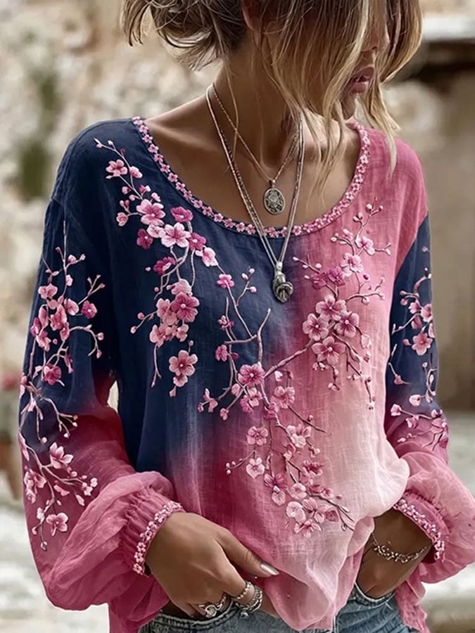 Women's Casual Floral Print Long-Sleeved Top