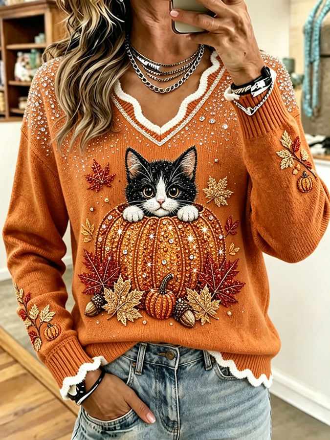 Women's Fall Cat Print Knit Sweater