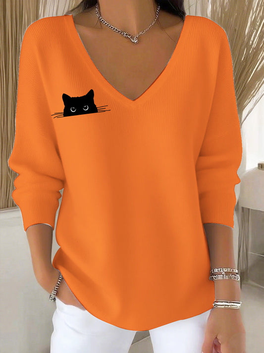 Women's Autumn Cute Black Cat Print Casual Top