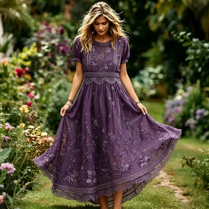 Women's Retro Purple Floral Art Cotton Linen Casual Dress