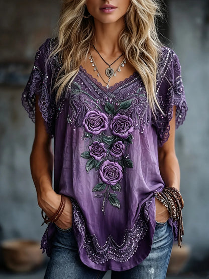 Women's Vintage Floral Art Flowy Linen Blend Casual Tops