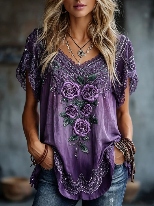 Women's Vintage Floral Art Flowy Linen Blend Casual Tops