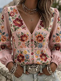 Women's Vintage Floral Print Cotton-Linen Shirt