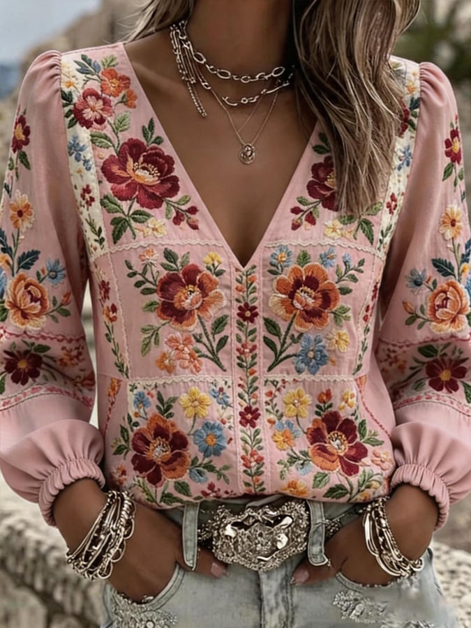 Women's Vintage Floral Print Cotton-Linen Shirt