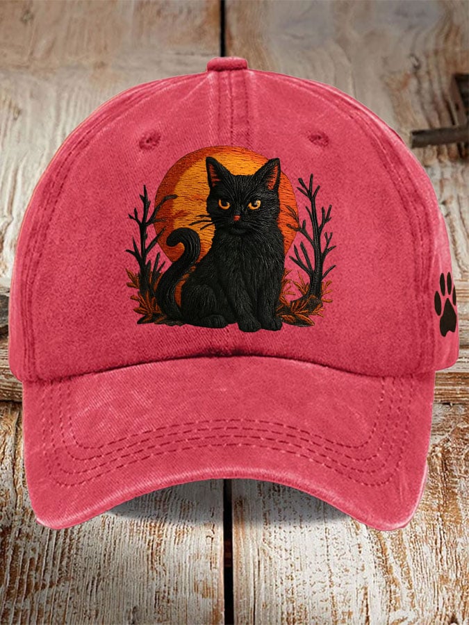Unisex Distressed Washed Cute Cat Print Hat