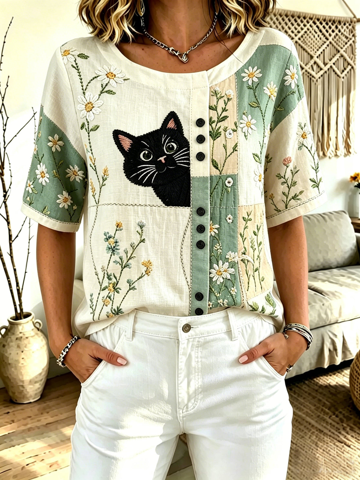 Women's Fun Cat-Print Crew-Neck Top